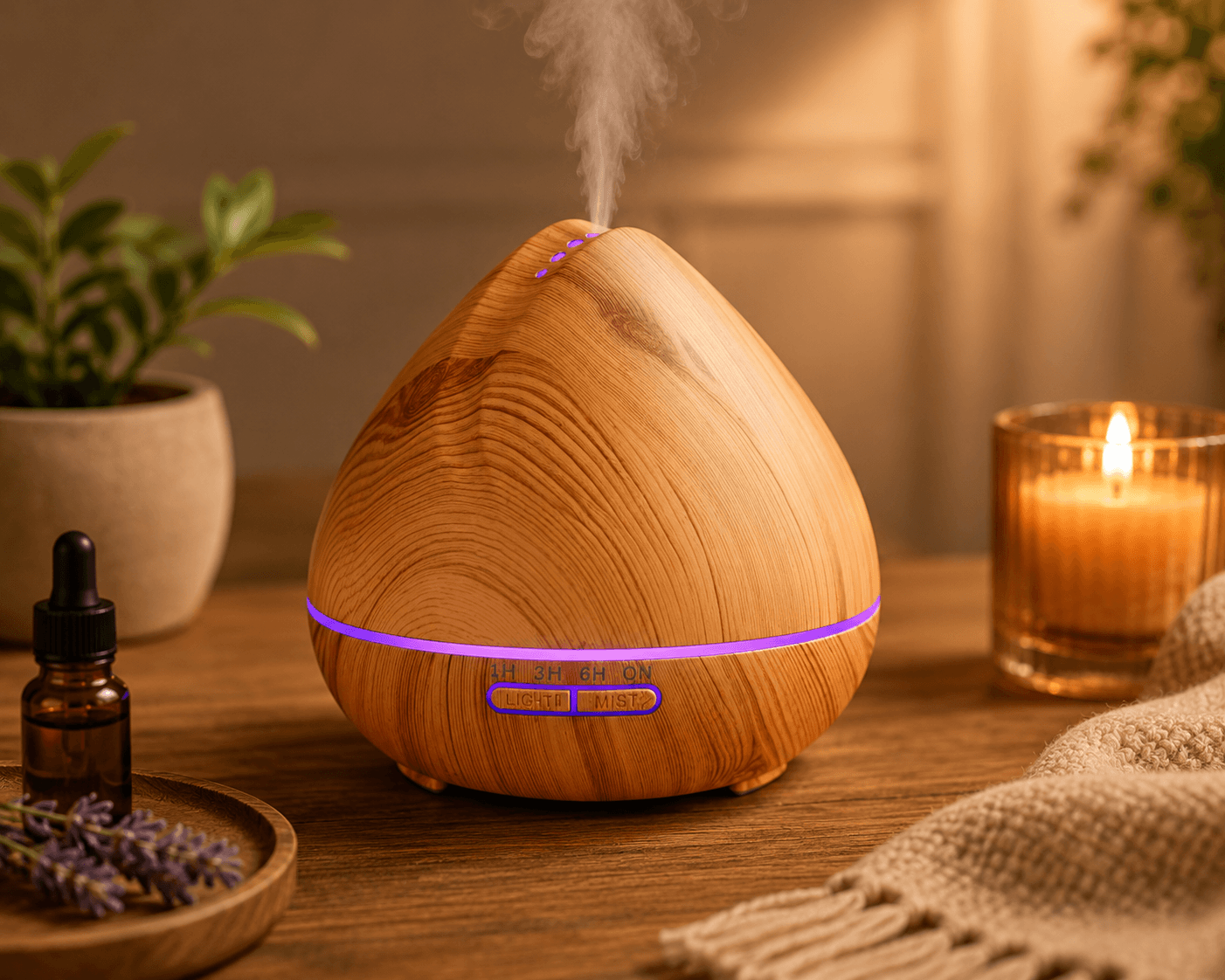 Wood Grain Essential Oil Diffuser – Ultrasonic Humidifier with LED Light